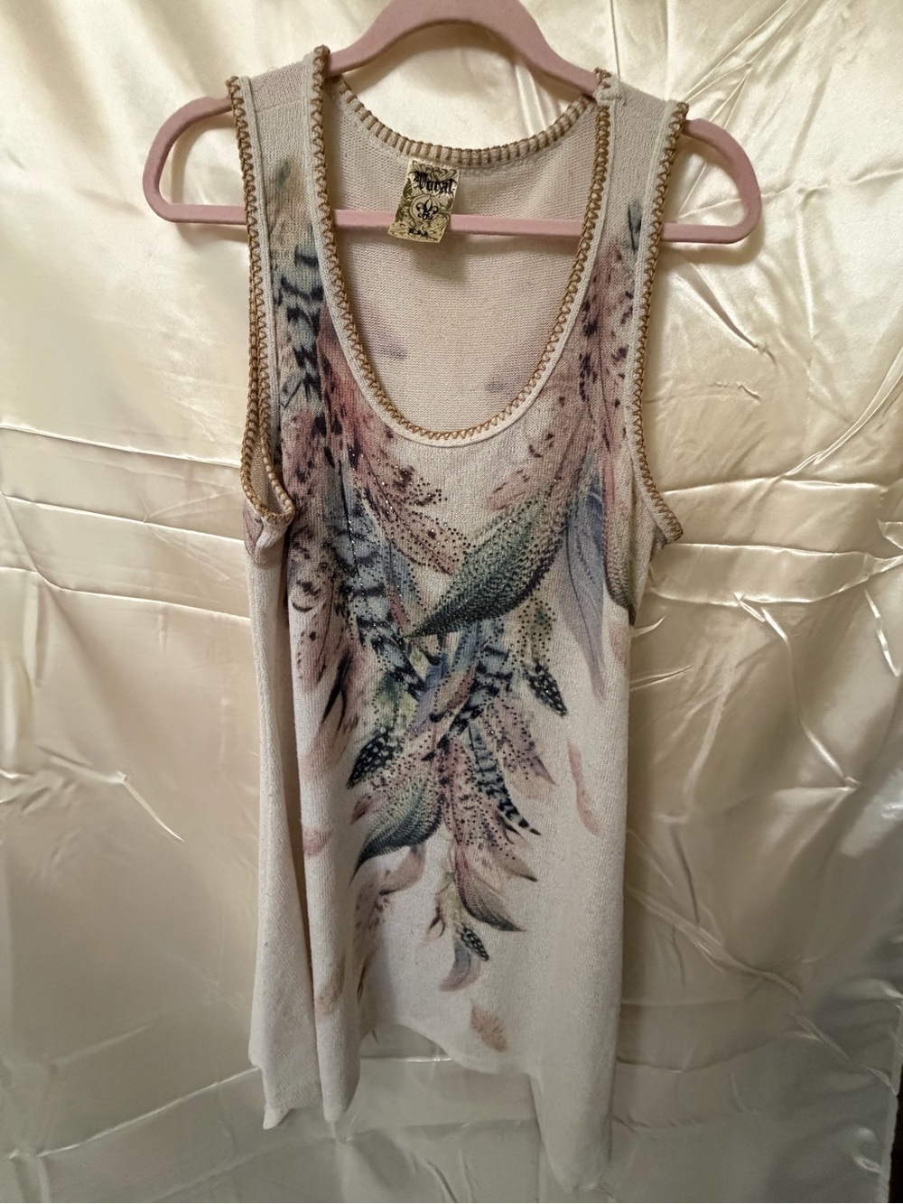 Vocal USA XL Feather Rhinestone Tunic Tank Top Boho Western Y2K Bling Hi Low